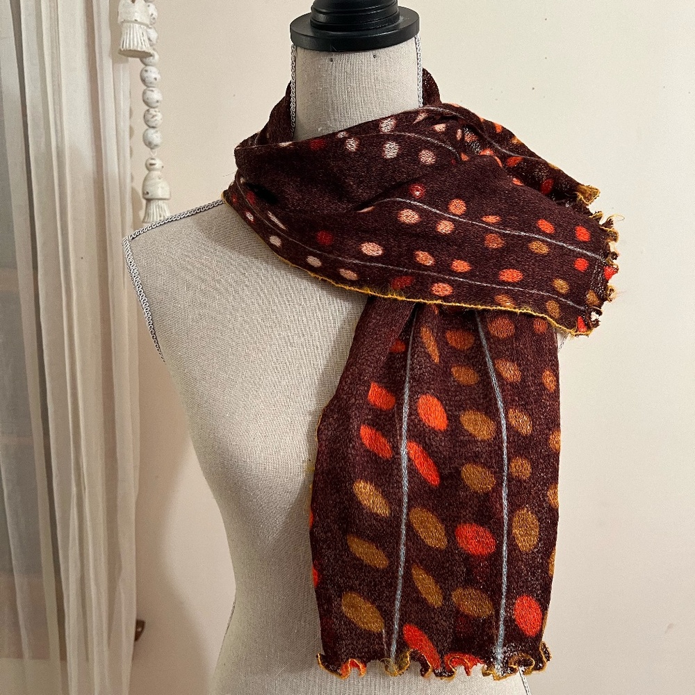Georgina Etzdorf Scarf 100% Mohair Brown w/Orange & White & Yellow Polka Dots